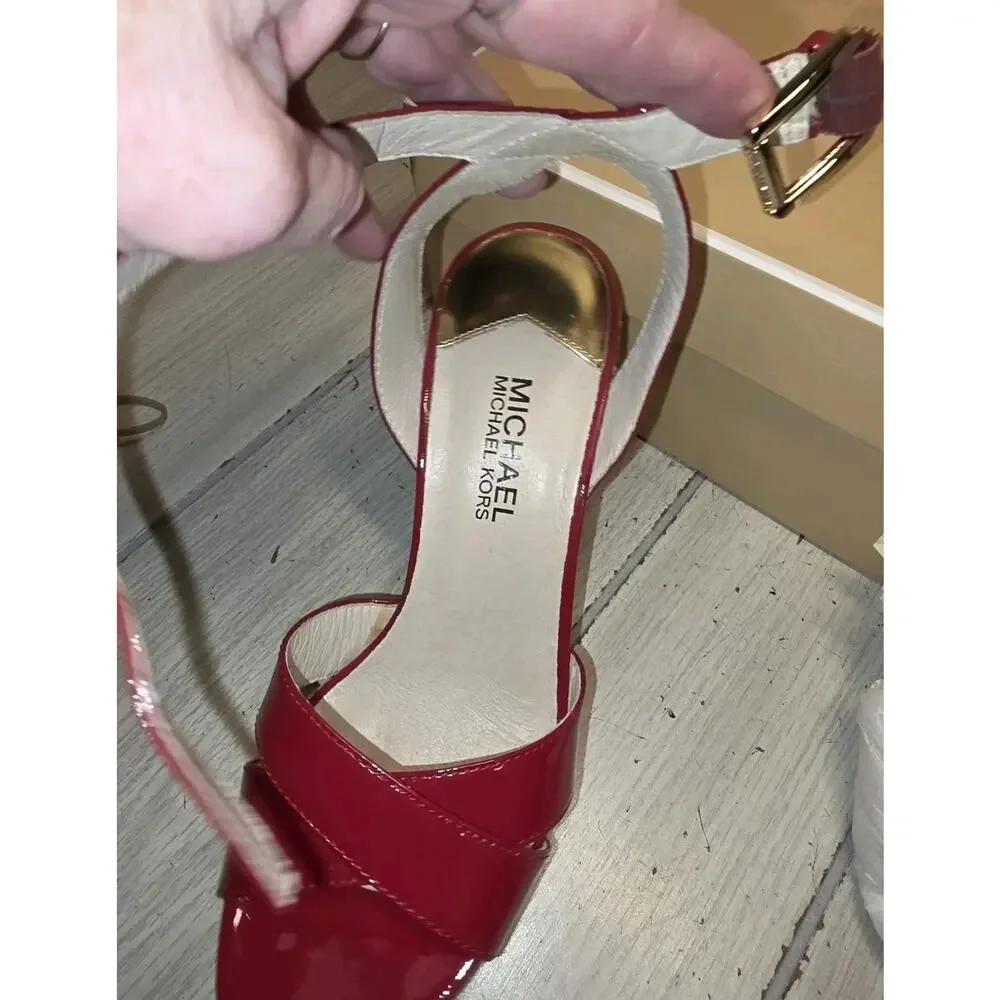 MICHAEL KORS MK Kami Patent Red Criss Cross Gold Logo Espadrille Wedge Size 8M